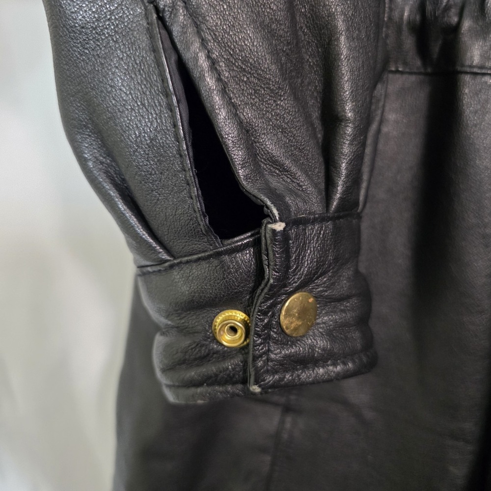 Vintage Genuine Leather Black‎ Coat Faux Fur Hood Y2K Minimalist Jacket - Picture 8 of 16